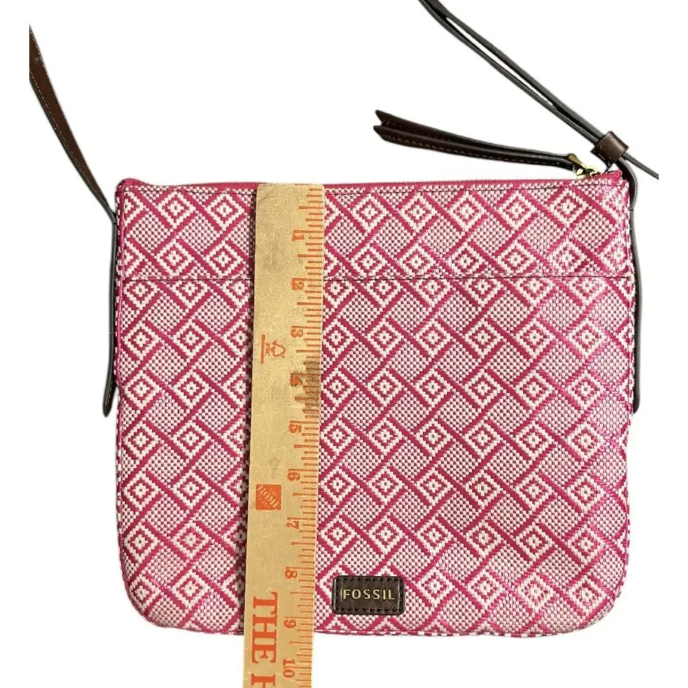 Fossil Purse Pink White Straw Leather Trim Crossbody Bag - Picture 8 of 10